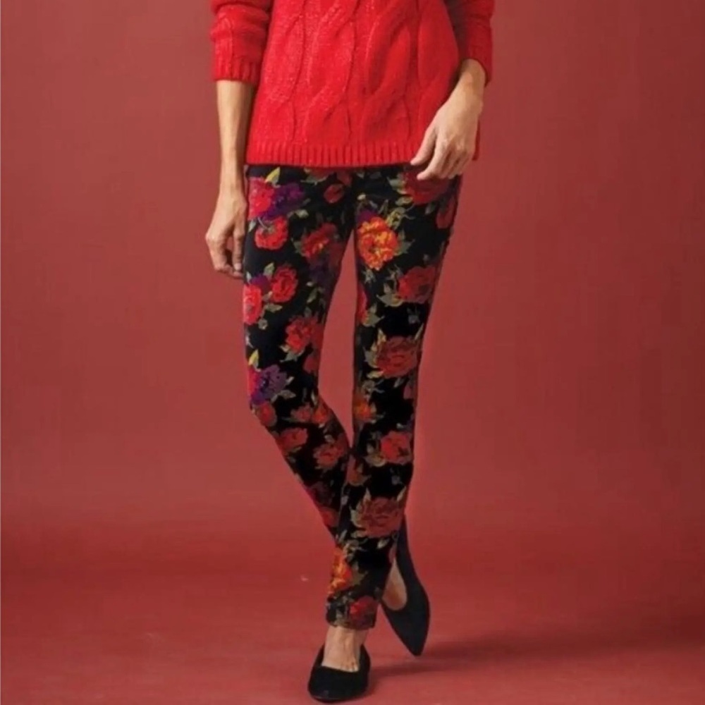 Soft Surroundings Black Floral Velvet Red Purple Cotton Blend Zip Fly Pants 12